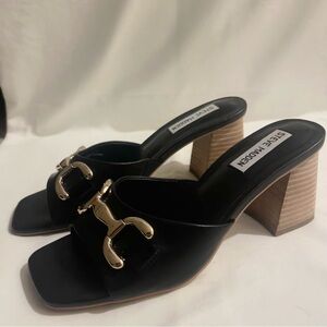 Chic Black Slide Sandals with Gold Horsebit Accent Minimalist Block Heel
